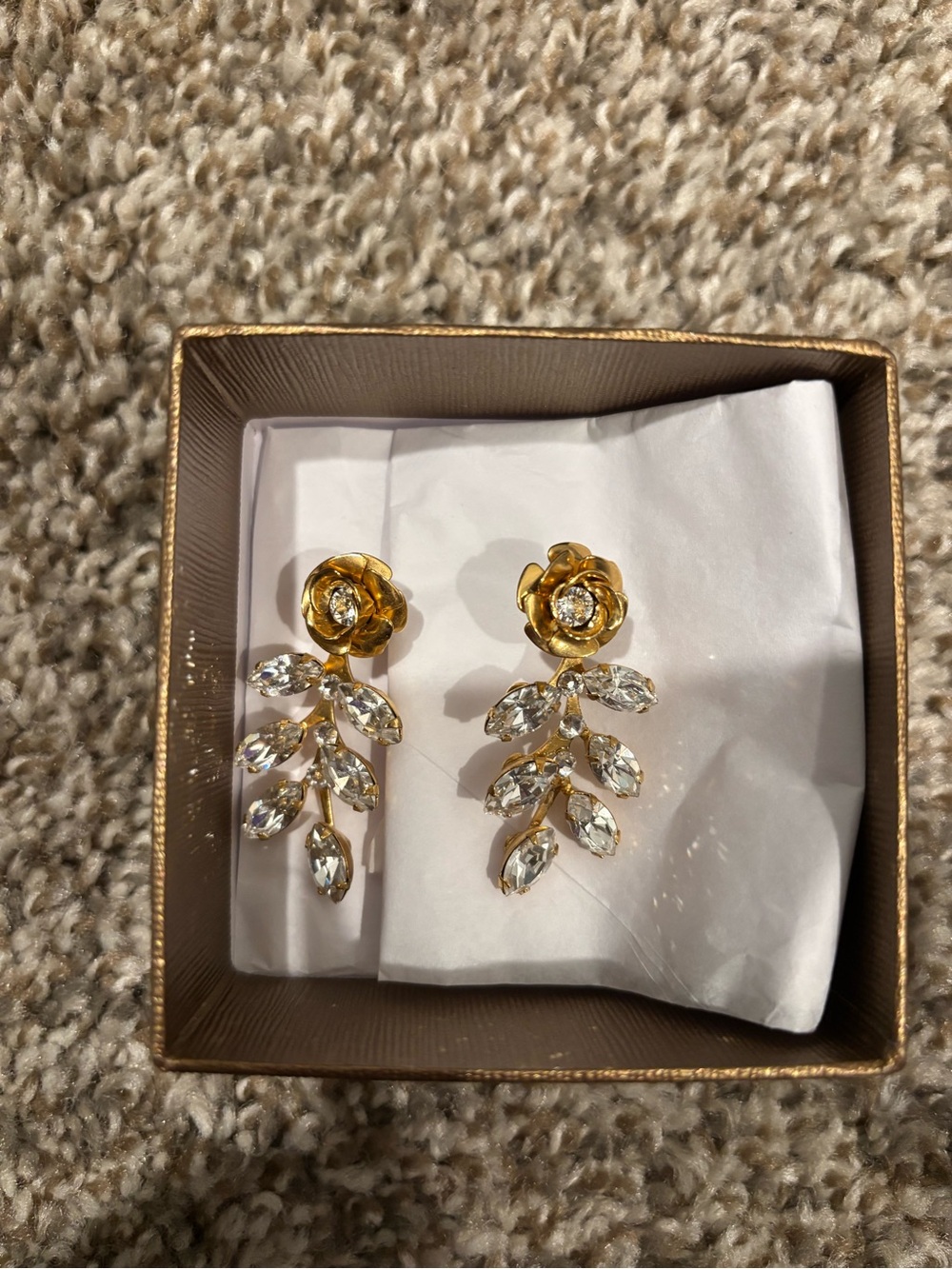 Gold Floral Drop Earrings with Clear Crystal Leaves